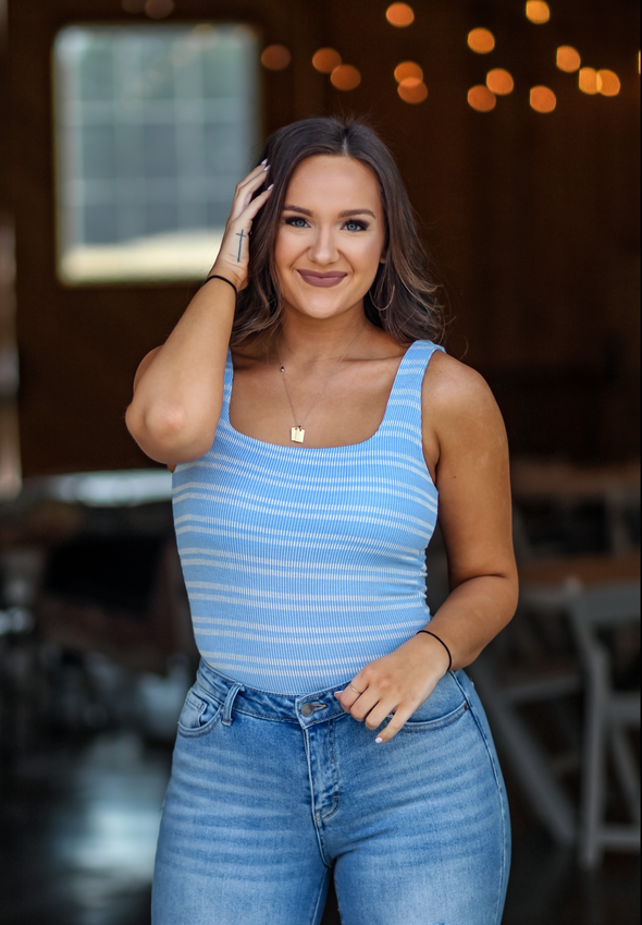 Blue & Ivory Striped Ribbed Bodysuit