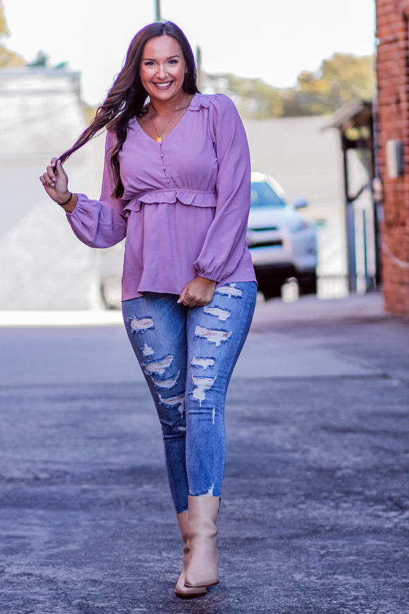 Lavender Button Down Ruffle Detail Blouse in Regular & Curvy