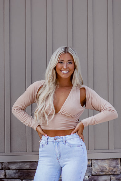 Tan Long Sleeve Ruched Crop Top