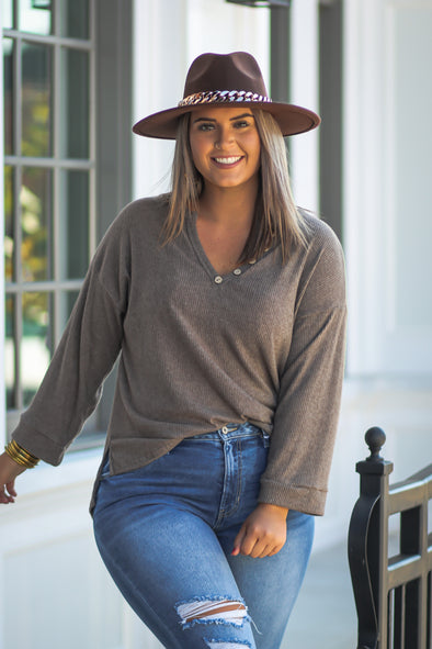 Olive Ribbed Boxy Henley Top