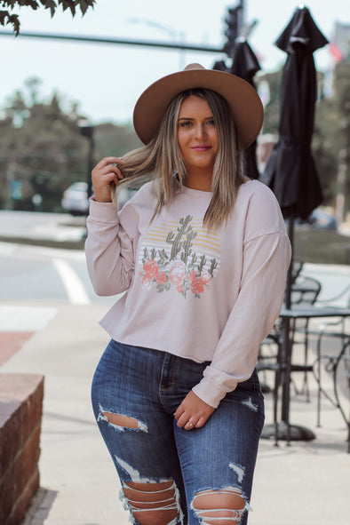Dusty Pink Cactus Graphic Cropped Pullover