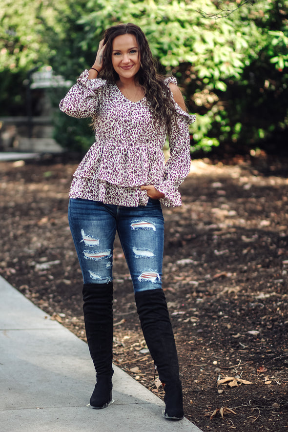 Cream Leopard Cold Shoulder Blouse In Regular & Curvy