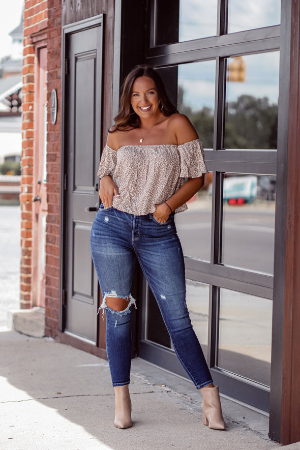 Taupe Ditsy Floral Off Shoulder Top