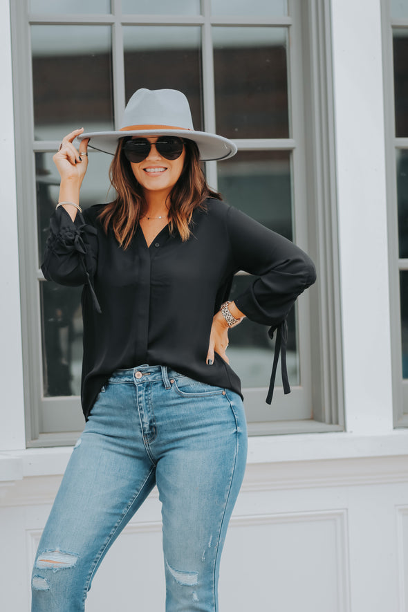 Black Tie Sleeve Button Down Blouse