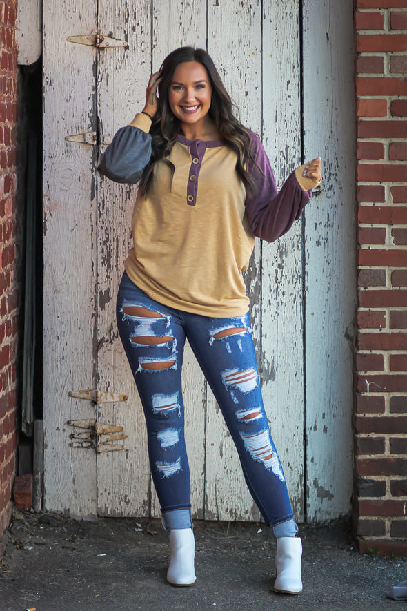 Mustard & Wine Colorblock Henley Top