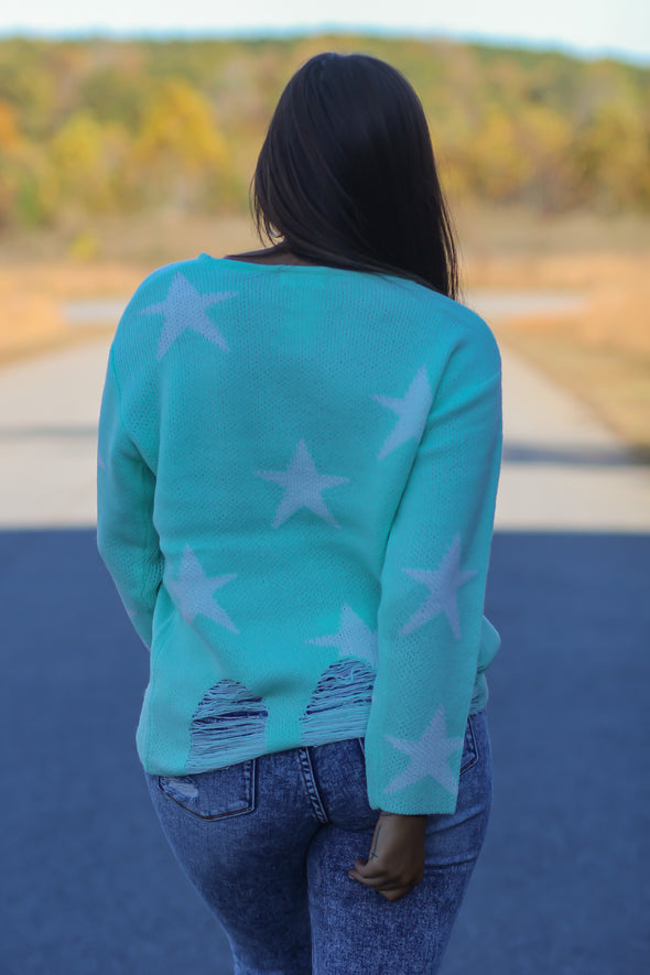 Mint Distressed Star Sweater