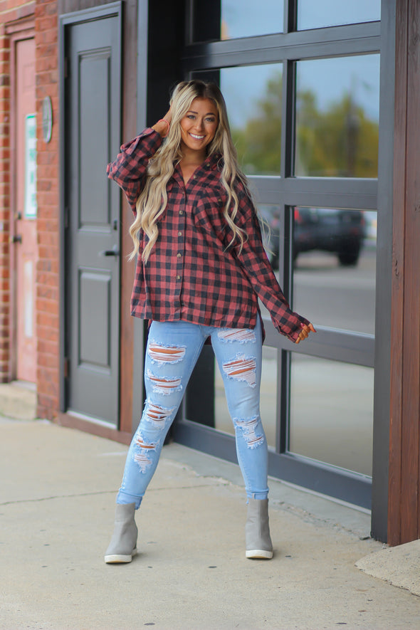 Deep Red Plaid Button Down Flannel Top