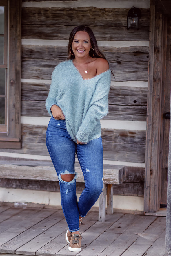 Long Sleeve Fuzzy Knit Sweater in Teal