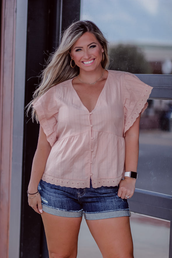 Blush Lace Button Down Peplum Top