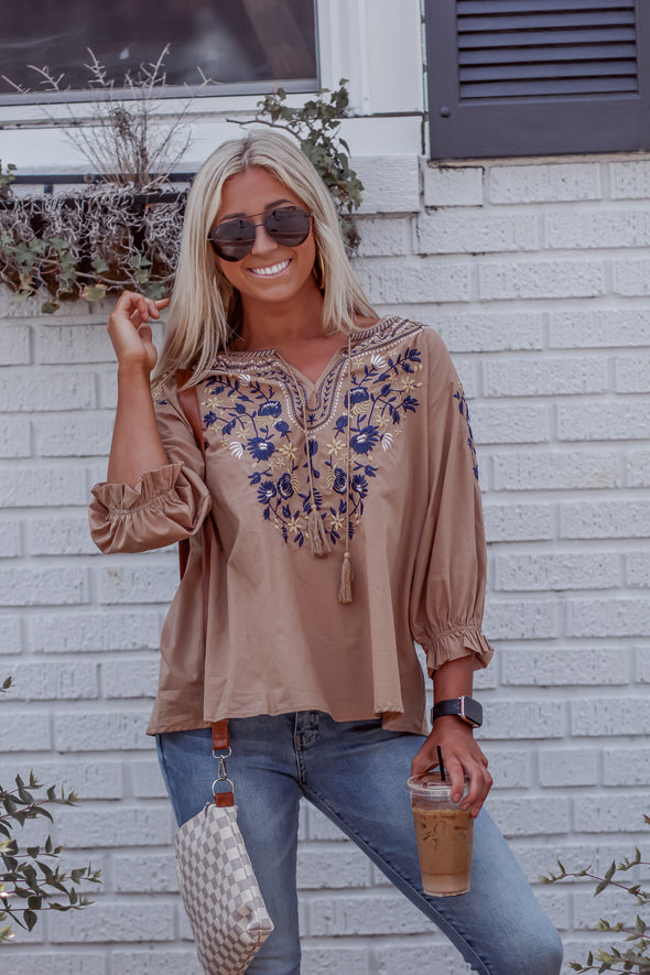 Camel Embroidered Tassel Detail Peasant Top