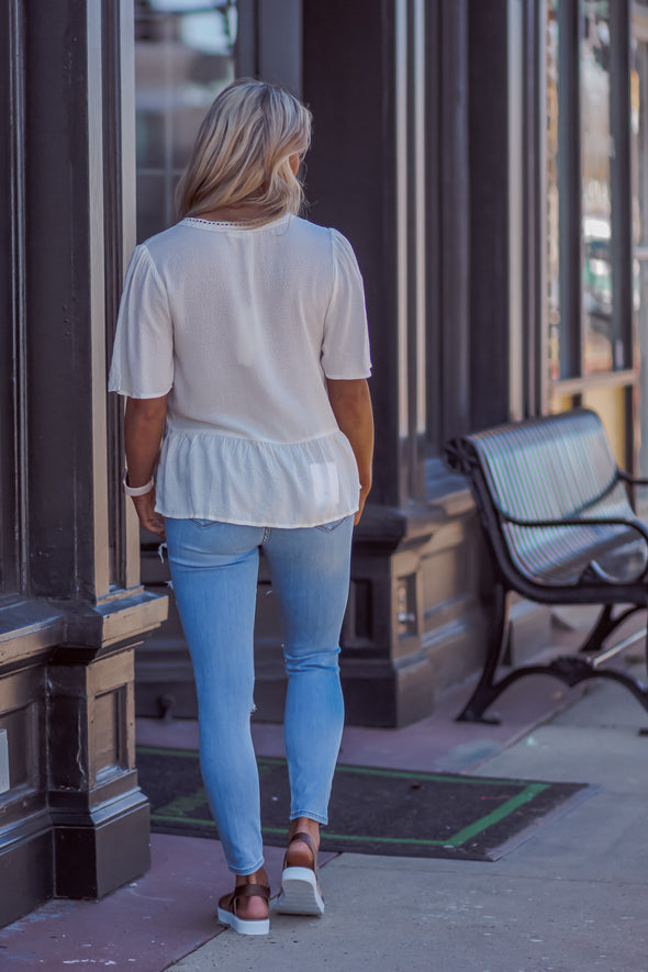 Ivory Textured V Neck Blouse