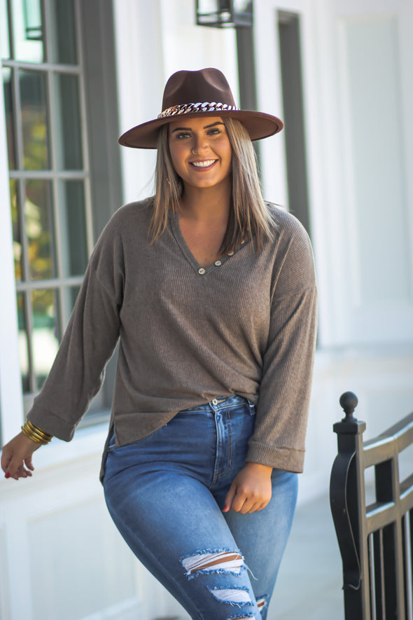Olive Ribbed Boxy Henley Top