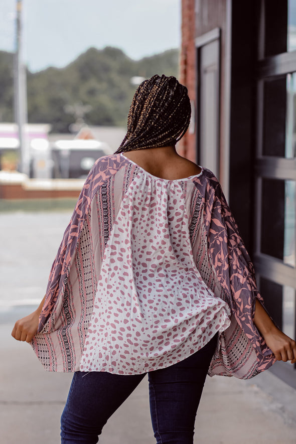 Mauve & Ivory Contrast Dolman Sleeve Tie Front Top