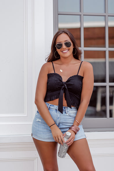 Black Smocked Tie Front Cropped Tank