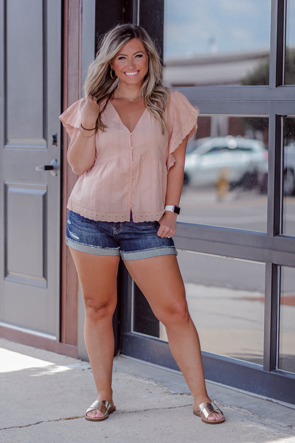 Blush Lace Button Down Peplum Top