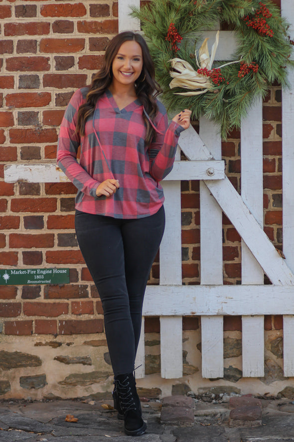 Red Buffalo Plaid Hooded V Neck Top