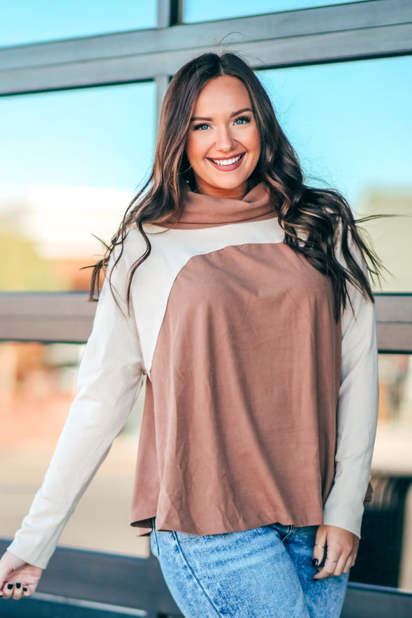 Taupe & Mocha Cowl Neck Pullover Top