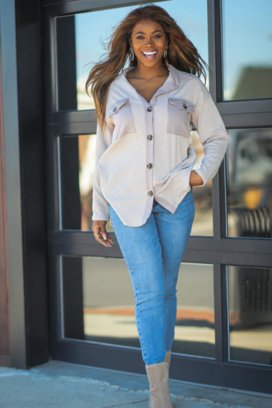 Champagne Ribbed Button Down Top