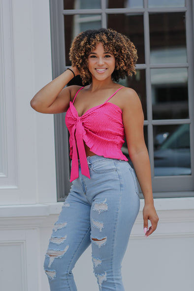 Fuchsia Smocked Tie Front Cropped Tank