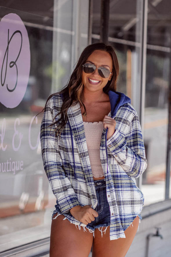 Navy & Green Plaid Button Down Hoodie Top