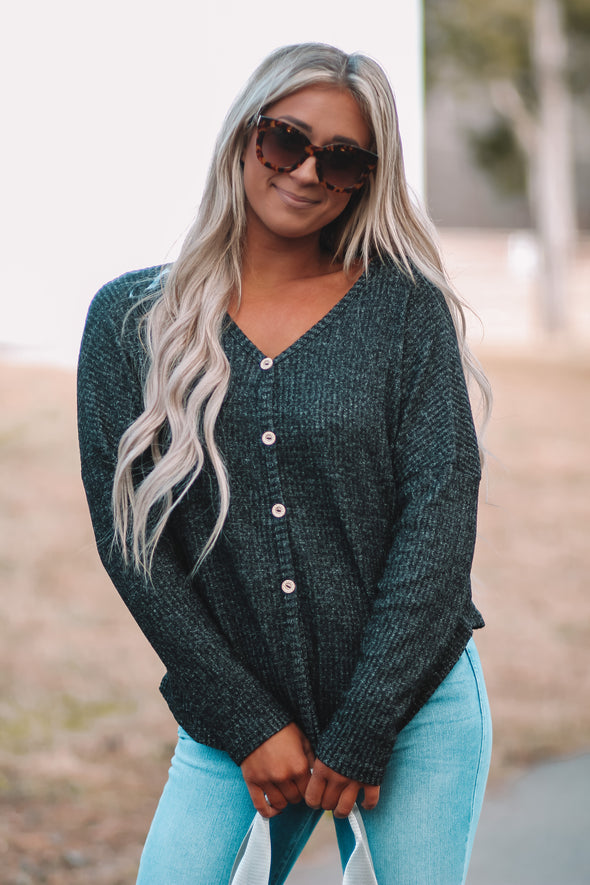 Black Waffle Knit Button Detail Long Sleeve Top