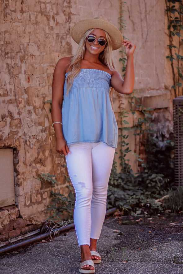 Light Denim Smocked Strapless Top