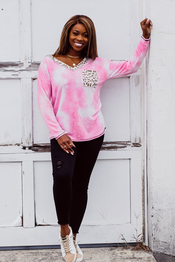 Pink Tie Dye & Leopard Contrast Pocket Top