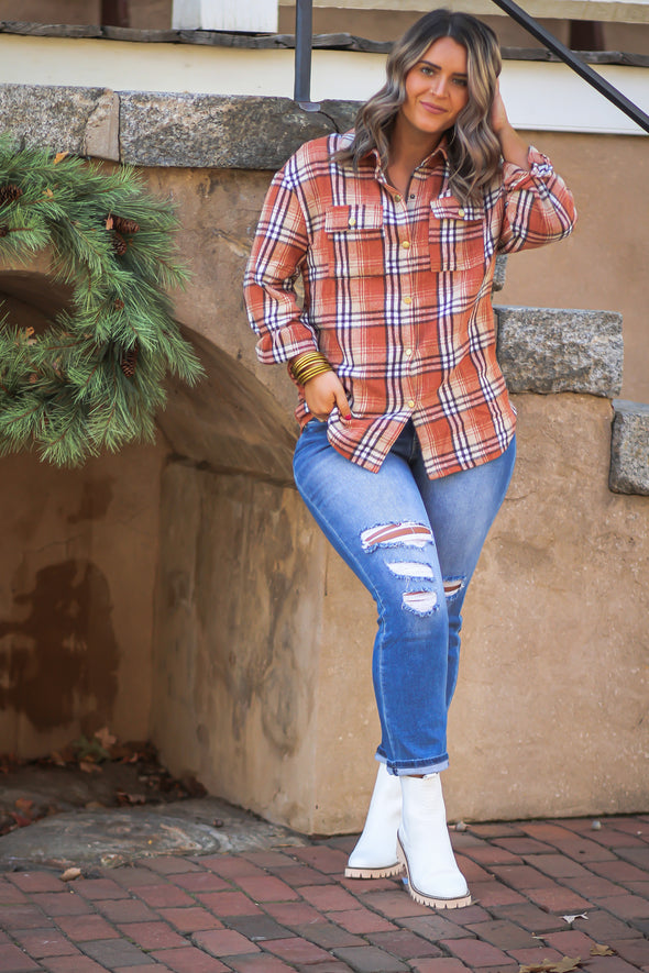 Rust & Taupe Plaid Button Down Shacket