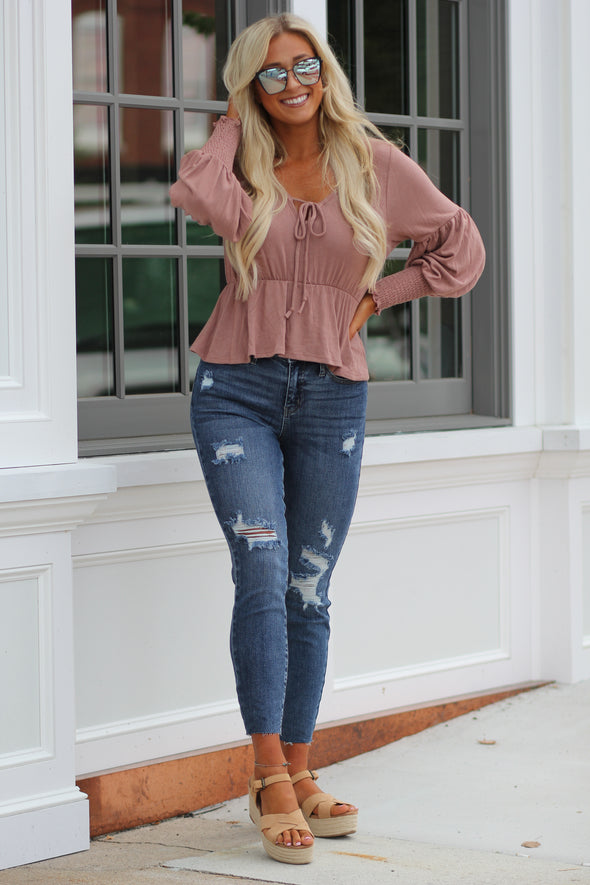 Rose Smocked Long Sleeve Peplum Top