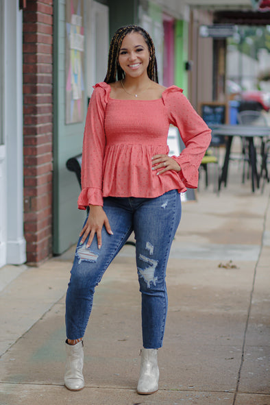 Rust Swiss Dot Smocked Peplum Top