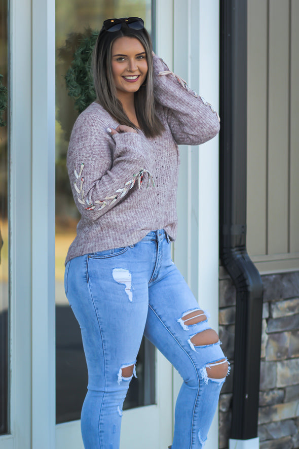 Rose Lace Detail Sleeve V Neck Sweater
