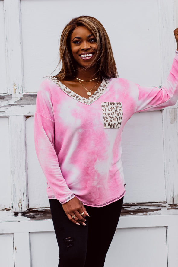 Pink Tie Dye & Leopard Contrast Pocket Top