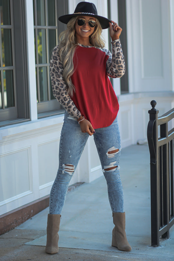 DOORBUSTER Red & Leopard Raglan Long Sleeve Top