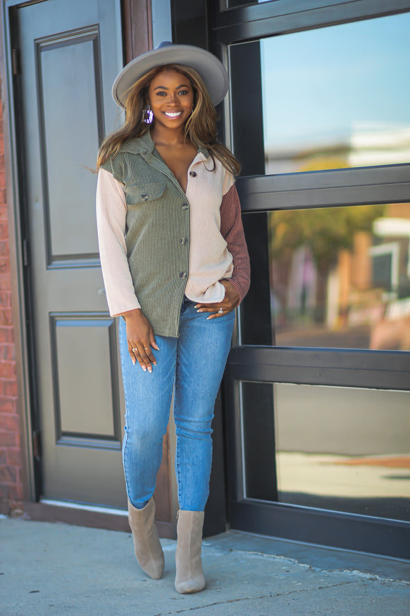 Taupe & Olive Colorblock Button Down Top