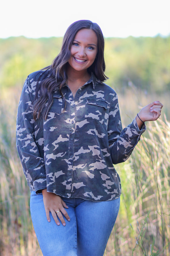 Olive Camo Button Down Utility Top