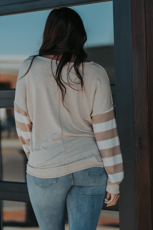 Taupe & Stripe Contrast V Neck Long Sleeve Top