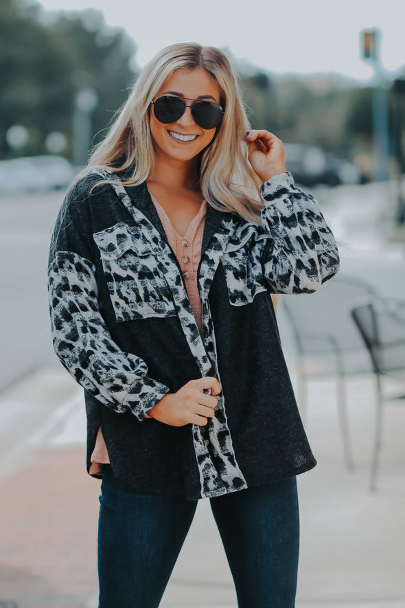 Charcoal & Leopard Hooded Soft Knit Cardigan