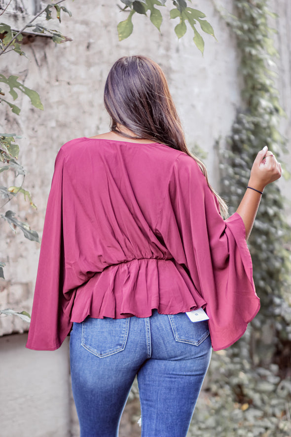 Wine V Neck Batwing Peplum Blouse