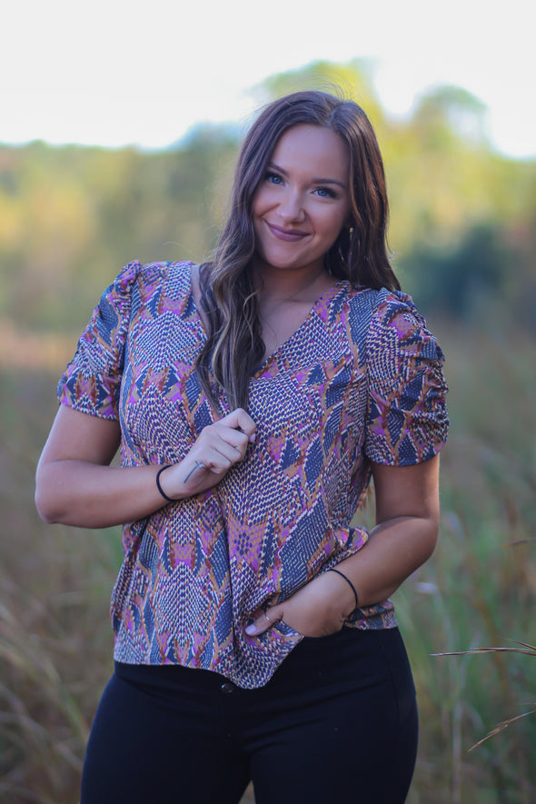 Charcoal & Violet Snake Print Woven V Neck Blouse