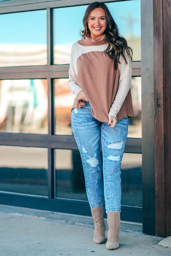 Taupe & Mocha Cowl Neck Pullover Top