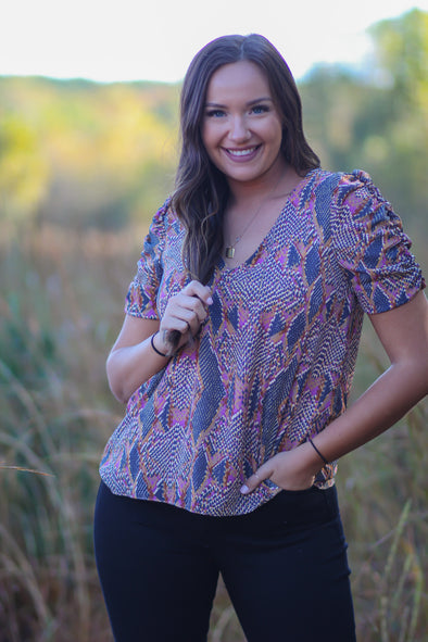 Charcoal & Violet Snake Print Woven V Neck Blouse