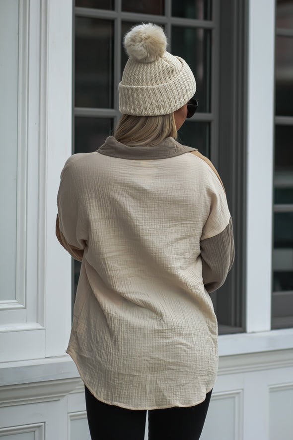 Cream Colorblock Gauze Pocket Top