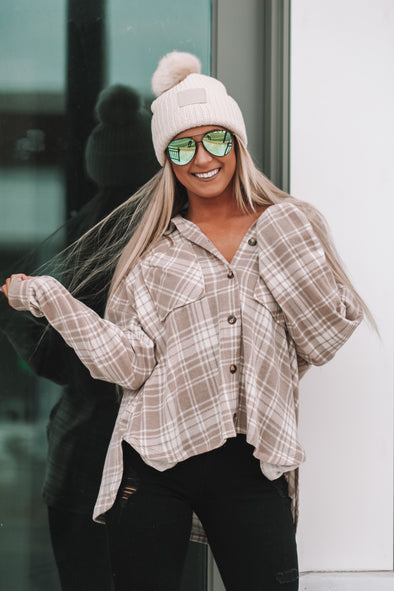 Taupe & Ivory Plaid Brushed Knit Flannel Top