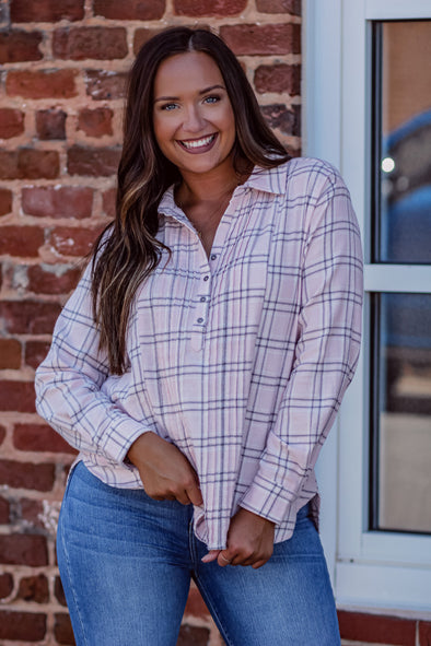 Baby Pink & Charcoal Plaid Button Up Blouse