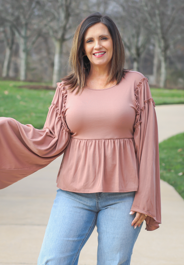 Rose Bell Sleeve Open Back Peplum Top