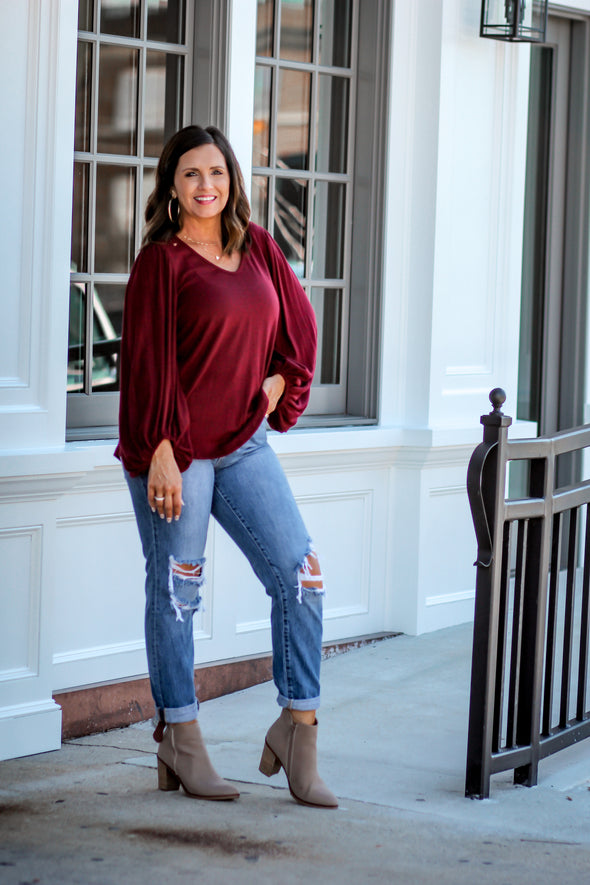 Wine V Neck Batwing Peplum Blouse