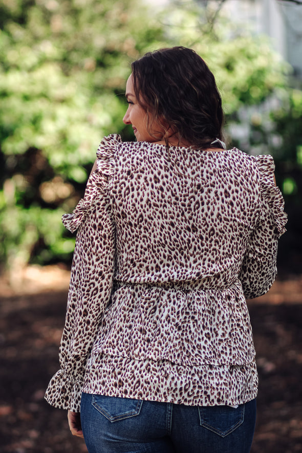 Cream Leopard Cold Shoulder Blouse In Regular & Curvy