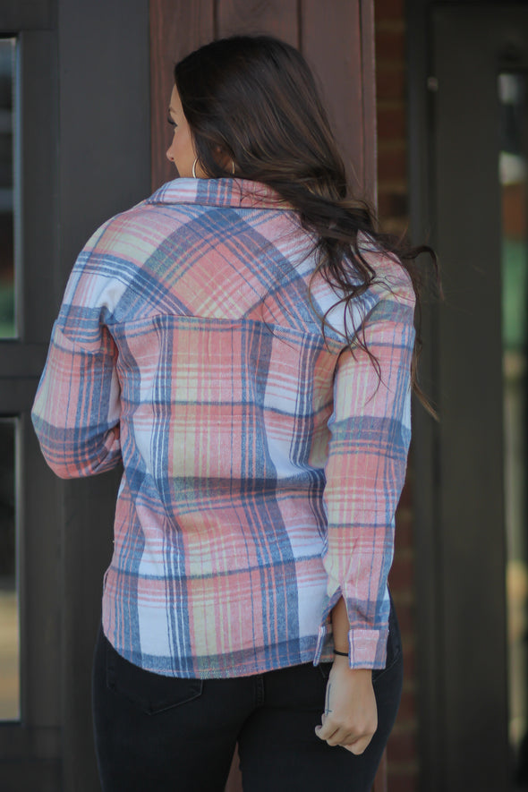 Pink & Navy Plaid Button Down Shacket