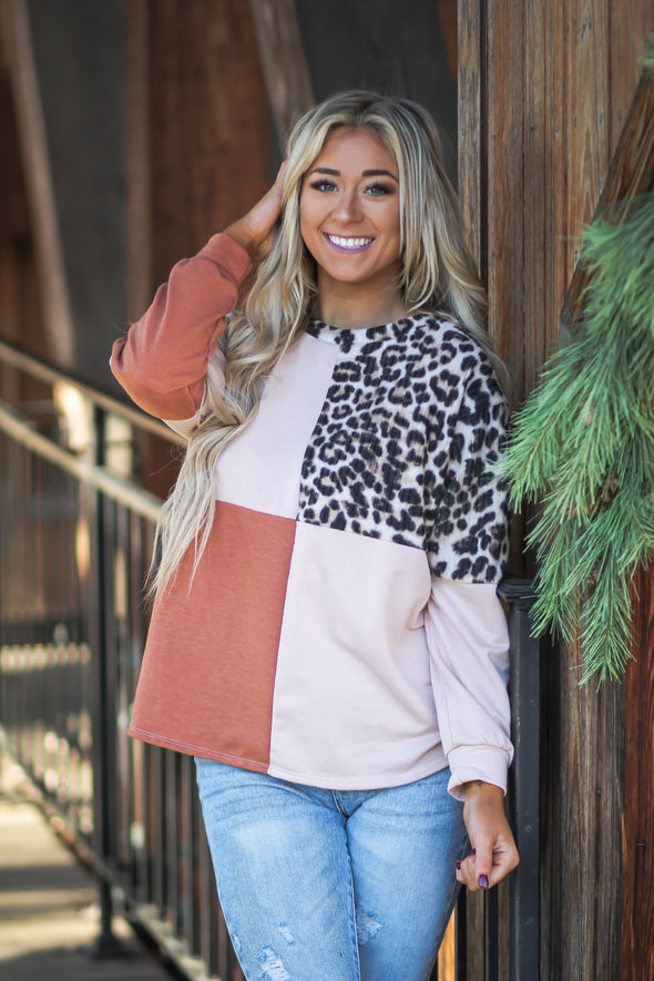 Blush & Leopard Colorblock Brushed Long Sleeve Top