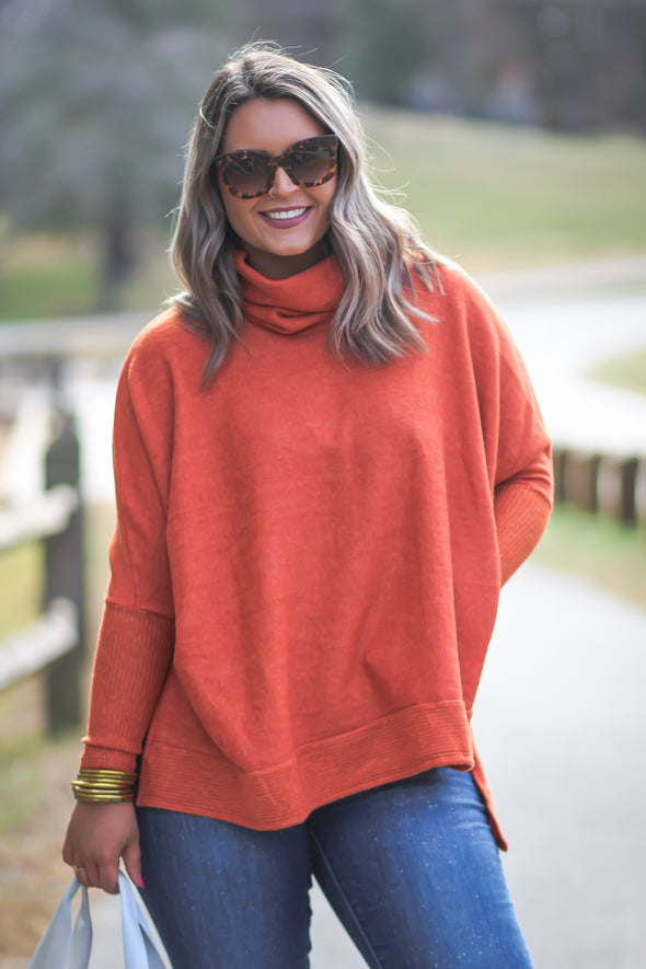 Brick Brushed Knit Cowl Neck Top